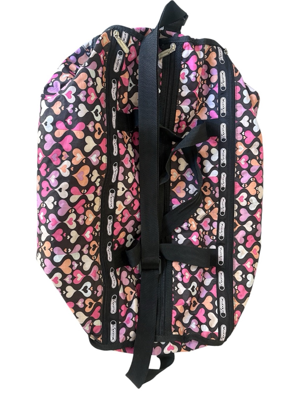 LeSportsac Heart Print Duffel Bag | Black Pink Multicolor | Made in USA